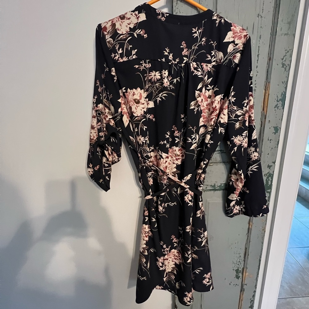 Shirt dress with tie sash and adjustable sleeves